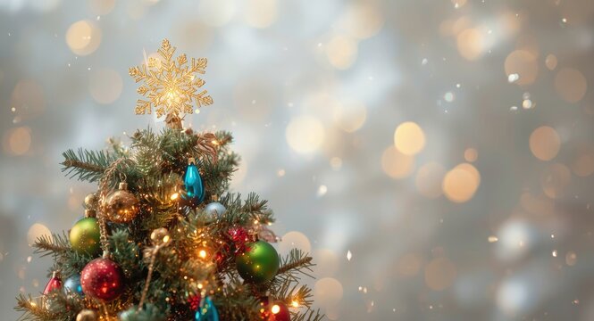 Shining golden snowflake crowning a beautifully decorated Christmas tree