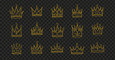 Gold crown line art collection vector illustration with royal king queen outline symbol decorative luxury element set isolated transparent background © Mondil biswas