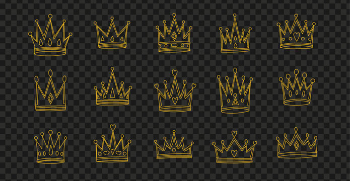 Gold crown line art collection vector illustration with royal king queen outline symbol decorative luxury element set isolated transparent background
