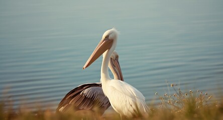 Fototapeta premium Happy great white egret and pelican by the smooth water surface