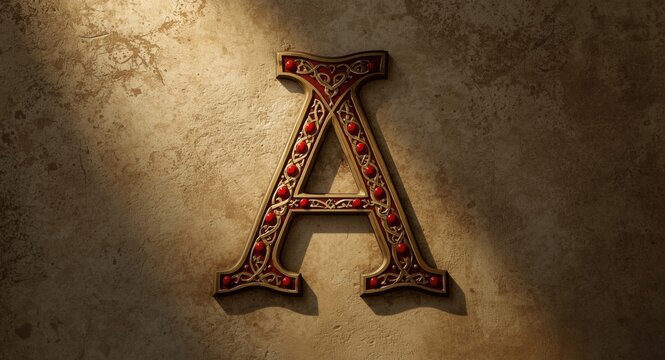 Celtic Anglo Saxon styled logo of letter A with traditional red dot pattern and muted medieval illumination