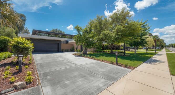 modern concrete driveway with landscaped front yard and duplex home