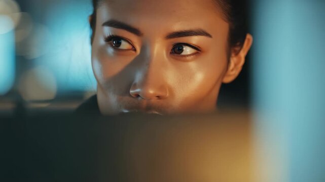 Close up portrait of a focused young woman with intense eyes looking through a blurred foreground, illuminated by dramatic lighting. Modern, mysterious and cinematic atmosphere captured indoors