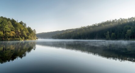 Obraz premium Peaceful lake capturing detailed reflections of dense tree line
