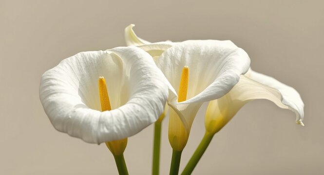 Glowing white arum flowers with broad petals and bright yellow spadix under natural daylight