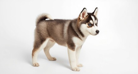 Alert Siberian husky puppy looking around on white studio background