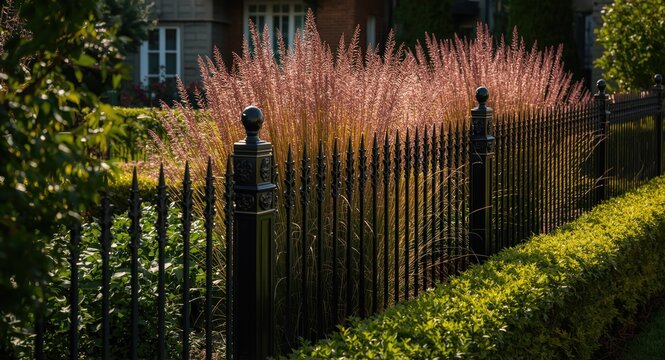 Garden fencing framed by tall colorful Panicum grass in ornamental urban landscape design
