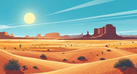 Obraz premium Whimsical illustration of a desert setting with a bright sun and distant mesas