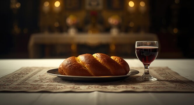 Traditional holy day ceremony showing freshly baked challah and a filled red wine kiddush cup