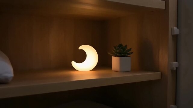A crescent moon night light glows warmly next to a small succulent plant on a wooden shelf, providing comfort in a cozy bunk bed sleeping area.