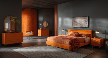 Fototapeta premium Interior of large bedroom with vivid orange brown furniture and gray painted modern walls