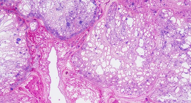 Microscopic slide view of brain tissue damage due to multiple sclerosis with copy space for medical notes