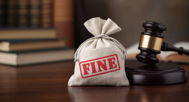Money bag marked fine with judge gavel symbolizing financial penalties for legal offenses