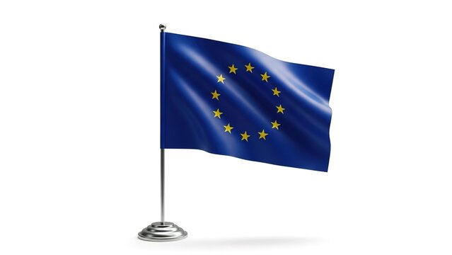 Waving European Union flag on a chrome desk flagpole, isolated on a clean white background, representing international relations and unity