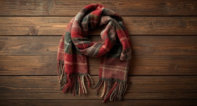 Winter plaid scarf accessory with cozy feel on wooden slat background