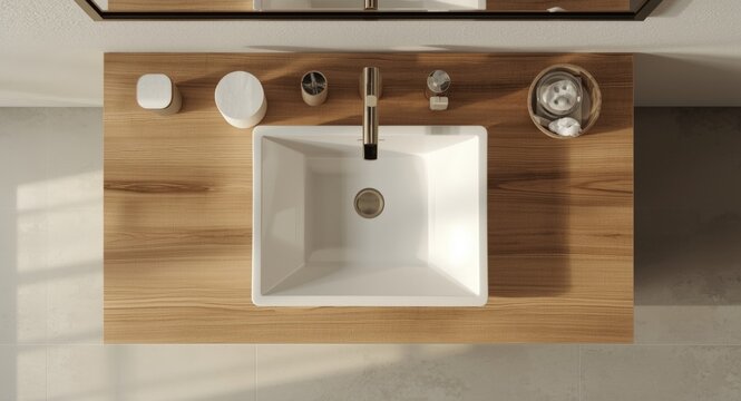 Top view of a wooden bathroom vanity featuring a white ceramic basin and sleek faucet in gentle morning light with blank space reserved for product display mockup
