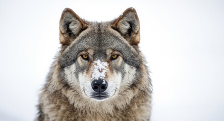 Obraz premium Portrait of gray wolf with snowflakes on muzzle set on blank white background