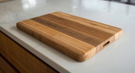Fototapeta premium wooden board for cutting vegetables resting on kitchen bench