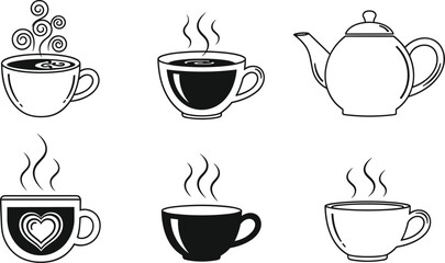 Obraz premium Coffee Cup and Teapot Line Icon Set Hot Drink Mug Collection Minimal Black and White Beverage Vector Illustration