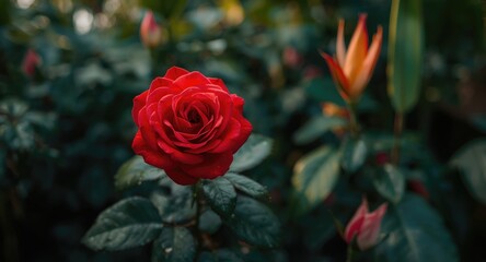 Red rose in full bloom amidst layered tropical garden foliage