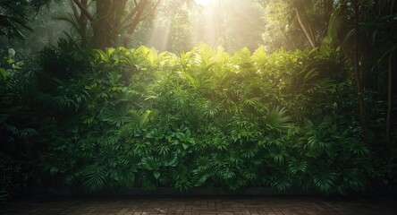 Obraz premium Sunlight creating glowing highlights on a misty rainforest plant wall scene