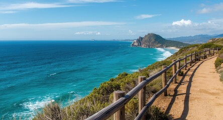 Fototapeta premium Trekking walkway bordered by wooden fence with stunning turquoise sea panorama