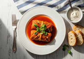Delicious fish stew in a white bowl with bread on the side on a rustic table