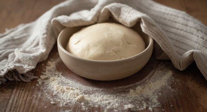 Raw yeast dough resting in a towel-covered bowl placed on a floured surface, ideal for baking at home