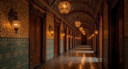 Obraz premium Ornate corridor featuring complex tile work illuminated by decorative hanging lamps in vivid design