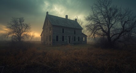 Silent abandoned farmhouse surrounded by ghostly haunted aura