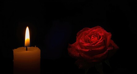Fototapeta premium Illuminated Candlelight and a Brilliant Scarlet Rose Against a Dark Gentle Shadow Background