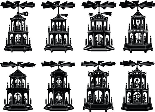 A collection of intricate black and white silhouette illustrations of traditional German Christmas pyramids (Pyramiden), showcasing nativity scenes and angelic figures.