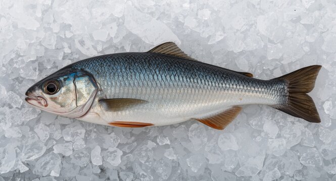 Overhead shot of bluefish Pomatomus saltatrix lying on ice with ample copy space