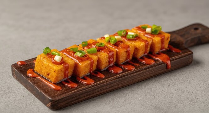 Traditional tahu sumedang with spicy sauce arranged neatly on wooden board with copy space