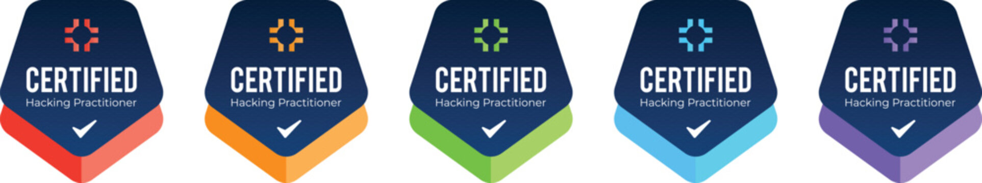Collection of Five Modern 'CERTIFIED' Vector Badges with Colorful Bottoms and Checkmarks
