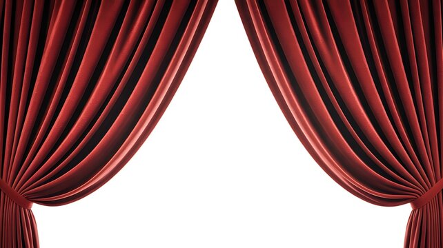 Red theater curtains opening isolated on white background, stage presentation and dramatic reveal concept, performance, showtime, entertainment design element