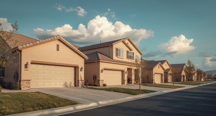 Suburban row of houses with attached garages and distinctive stucco walls