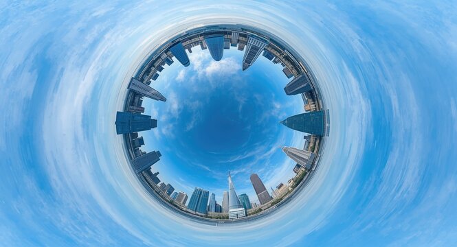 Spherical panoramic image featuring city skyline with curved fish eye lens view