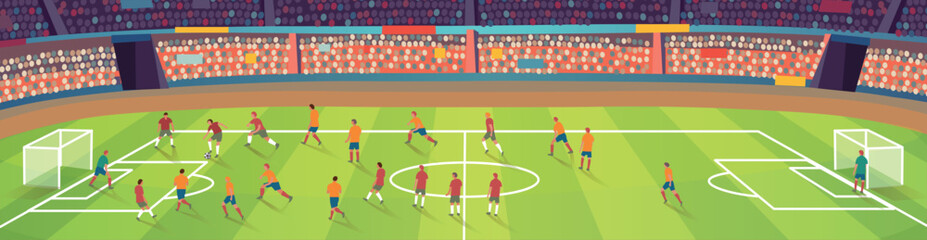 Naklejka premium Panoramic vector illustration of a soccer match in a large stadium filled with spectators. Two teams compete on a bright green field with visible pitch markings and goals on both sides. Players run, 
