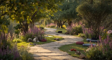 Relaxing female pals enjoying a walk through a yoga retreat setting