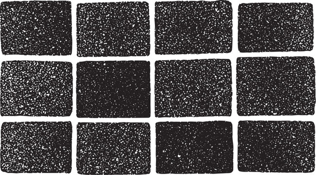 Uniform rectangular sponge textures for digital painting and shading featuring dark grainy patterns and soft porous surfaces arranged in a grid for consistent set vector design and artistic effects