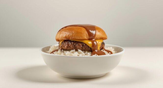 Classic loco moco bowl with juicy cheeseburger and brown gravy