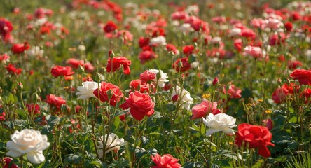 Fototapeta premium Open meadow bursting with luminous red and white roses shining brightly