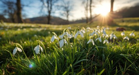 Obraz premium Sunlit snowdrops blooming on a bright spring postcard scene