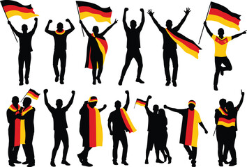 Fototapeta premium Group of German football fans in national colors cheering and waving flags, celebrating team spirit.