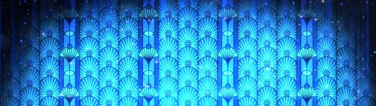 Elegant Blue Art Deco Pattern Motion Background with Shimmering Particles and Luxury Geometric Design