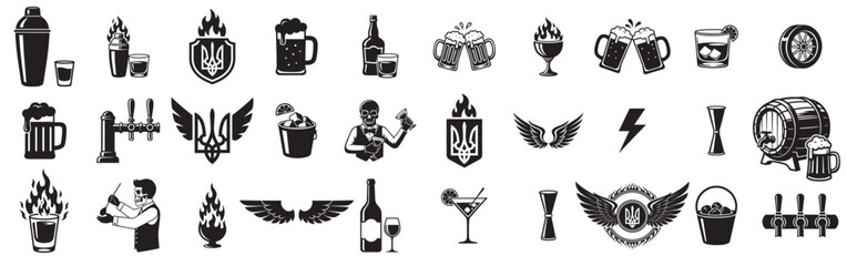 Beer bar and brewery icon set with mug, bottle, cocktail, bartender, keg, wings, flame and trident symbols, vector silhouette collection on transparent background © Ярослав Дацко