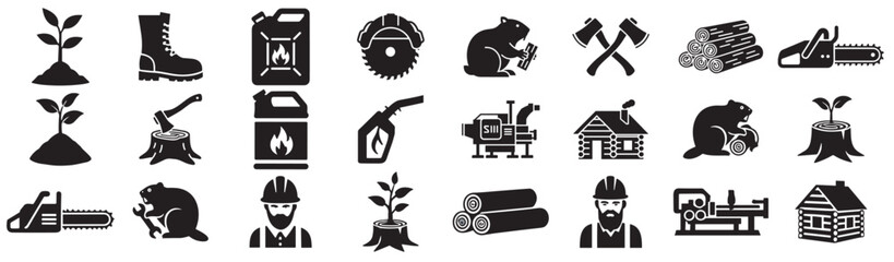Logging and forestry icon set with lumberjack, chainsaw, axe, saw, timber logs, cabin, fuel can and beaver, vector silhouette collection on transparent background © Ярослав Дацко