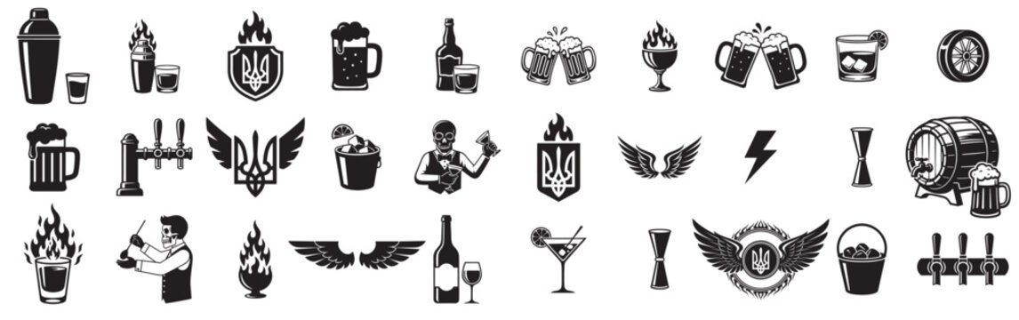 Beer bar and brewery icon set with mug, bottle, cocktail, bartender, keg, wings, flame and trident symbols, vector silhouette collection on transparent background