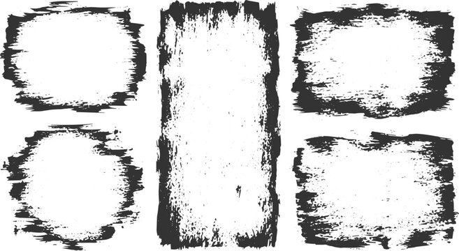 Set of grunge texture frames and shapes in black on transparent background abstract graphic design elements